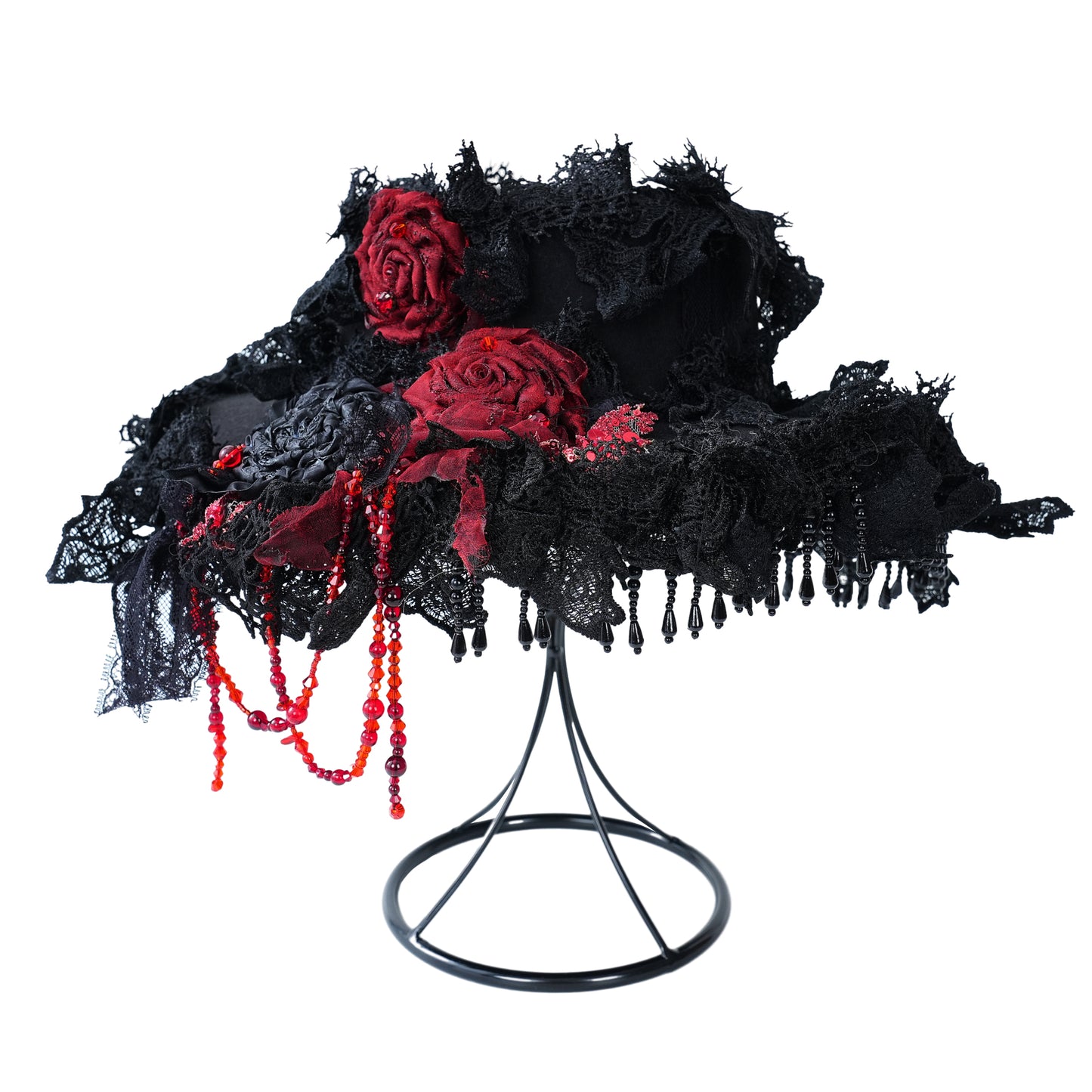 Gothic Lolita Handmade Black and Red Flat Hat with Roses, Beads Chains and Lace Edge