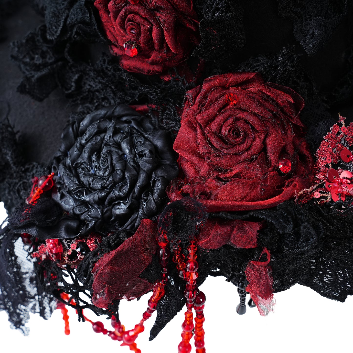 Gothic Lolita Handmade Black and Red Flat Hat with Roses, Beads Chains and Lace Edge