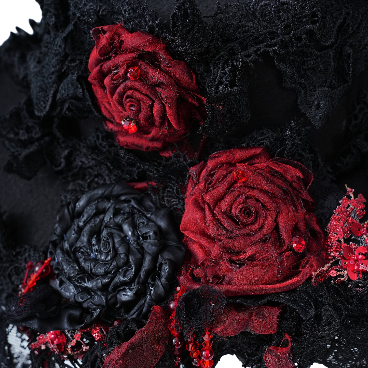 Gothic Lolita Handmade Black and Red Flat Hat with Roses, Beads Chains and Lace Edge