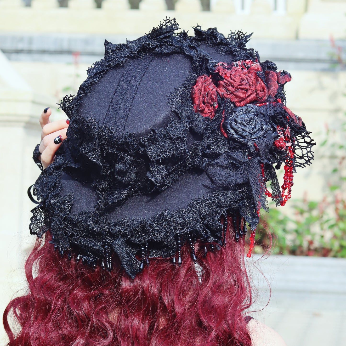 Gothic Lolita Handmade Black and Red Flat Hat with Roses, Beads Chains and Lace Edge