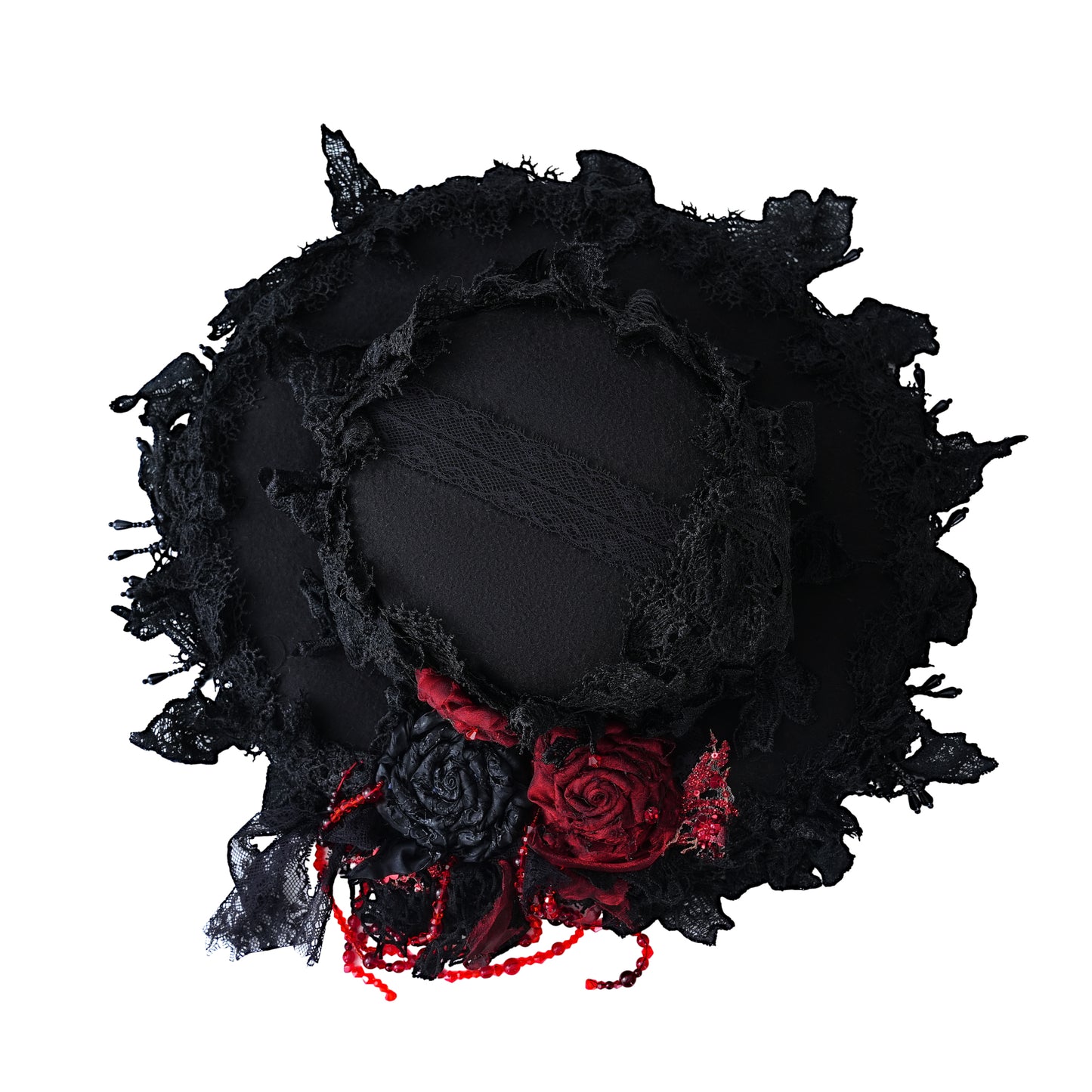 Gothic Lolita Handmade Black and Red Flat Hat with Roses, Beads Chains and Lace Edge