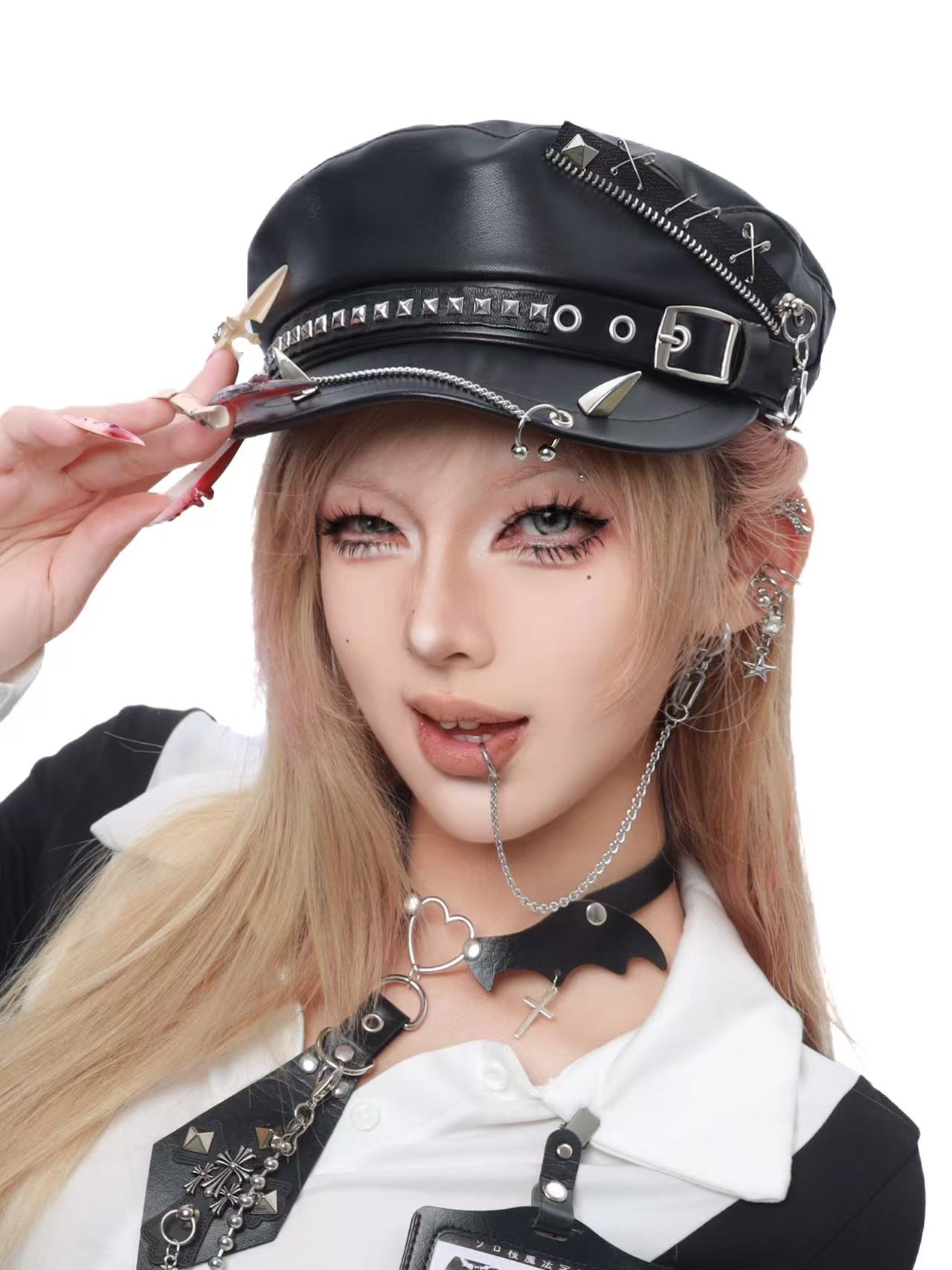 Rebel Hardware Studded Faux-Leather Baker Boy Cap – Punk Horns & Chain Detail