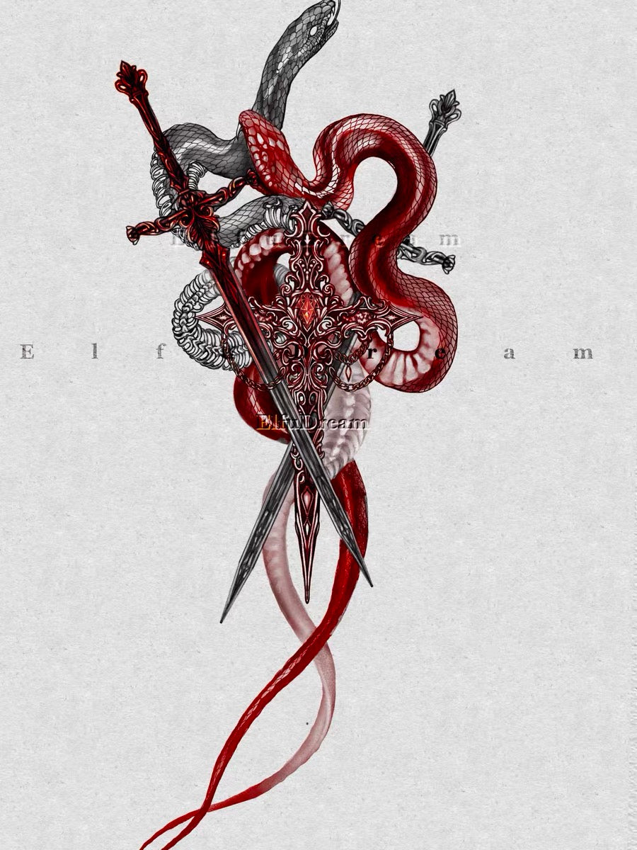 ElfuDream | Temporary Tattoo Sticker | Scarlet Cross, Sword with Snack