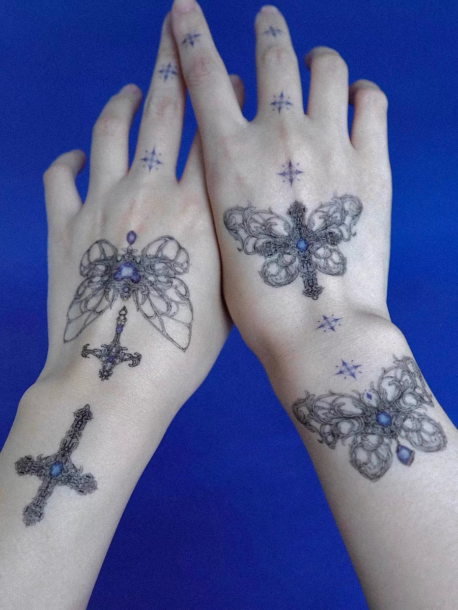 Temporary Tattoo Sticker | Cross and Butterfly with Gems