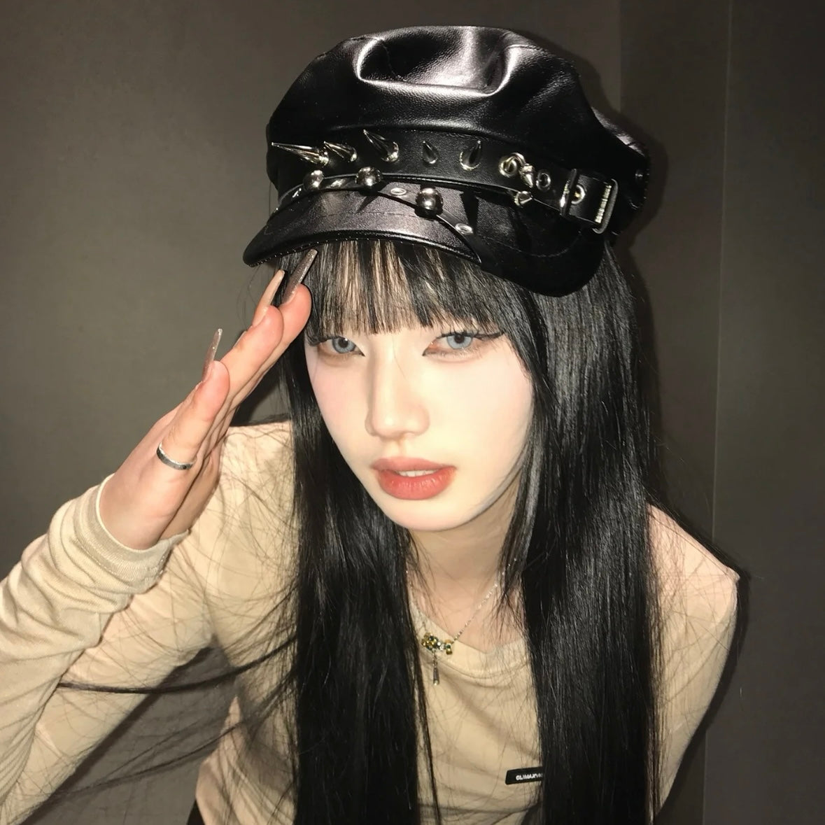 Edgy Studded Leather Beret Y2K-Inspired Punk Aesthetic, Painter-Style Hats