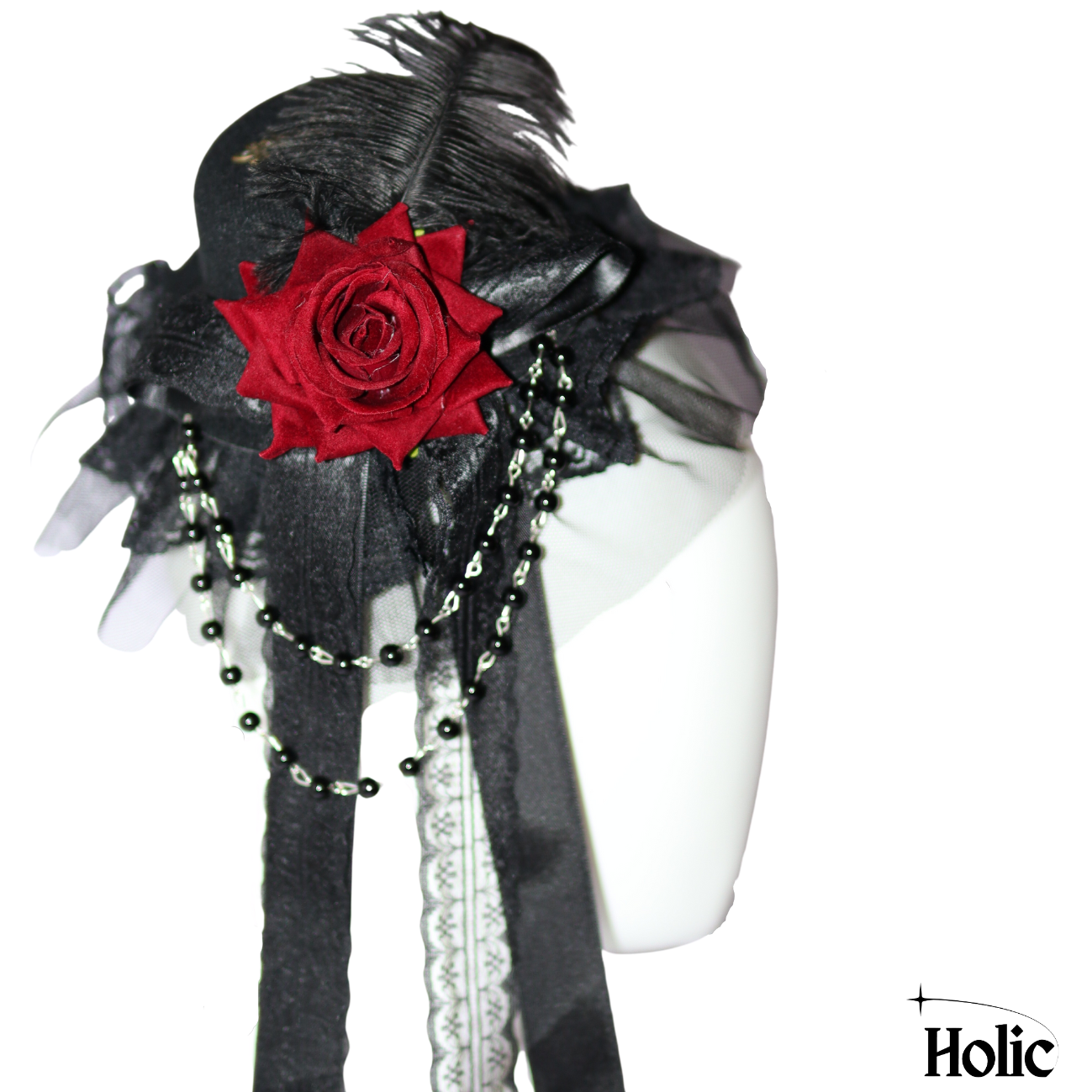 Black Hat with Red Rose, Feather and Chains