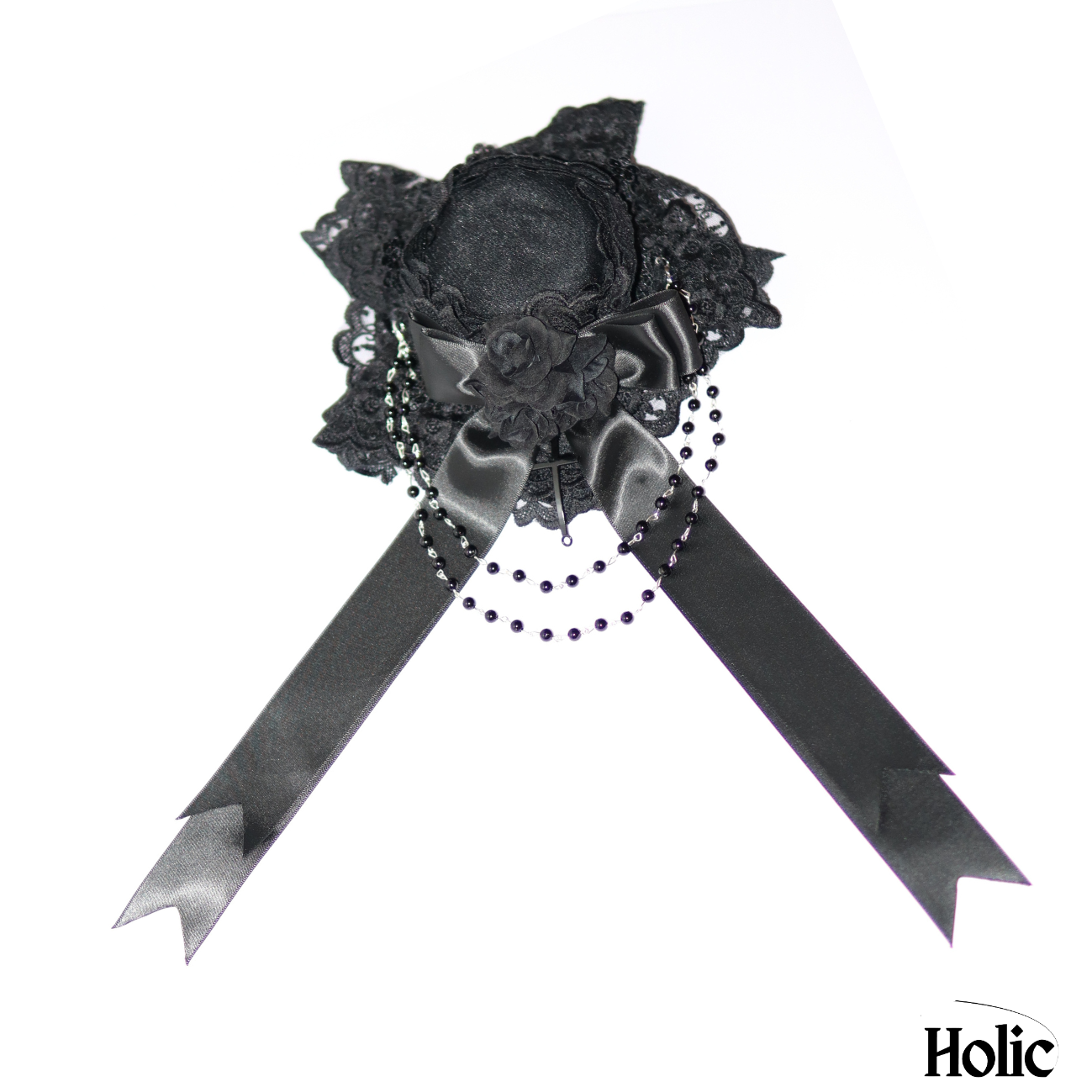 Gothic Lolita Black Hat with Flower, Bow, and Chains