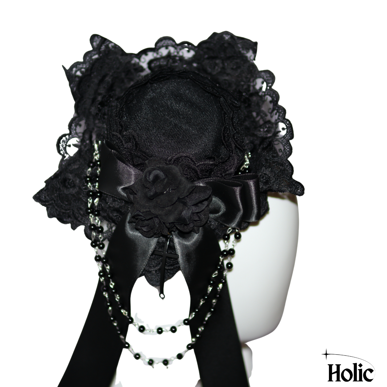 Gothic Lolita Black Hat with Flower, Bow, and Chains