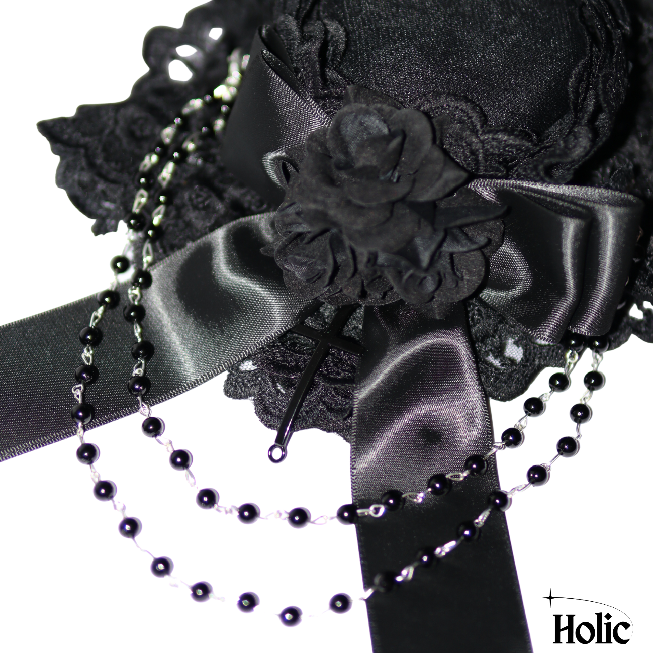 Gothic Lolita Black Hat with Flower, Bow, and Chains