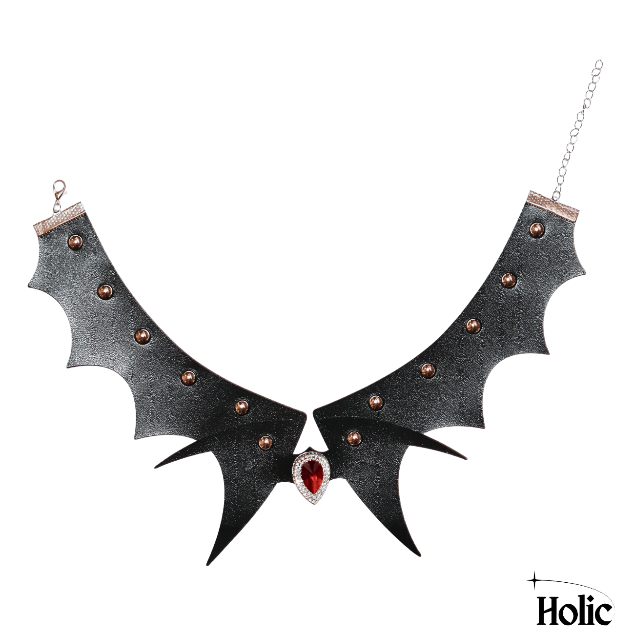 Gothic Punk Black Leather Choker Necklace with a Bat and a Red Gem