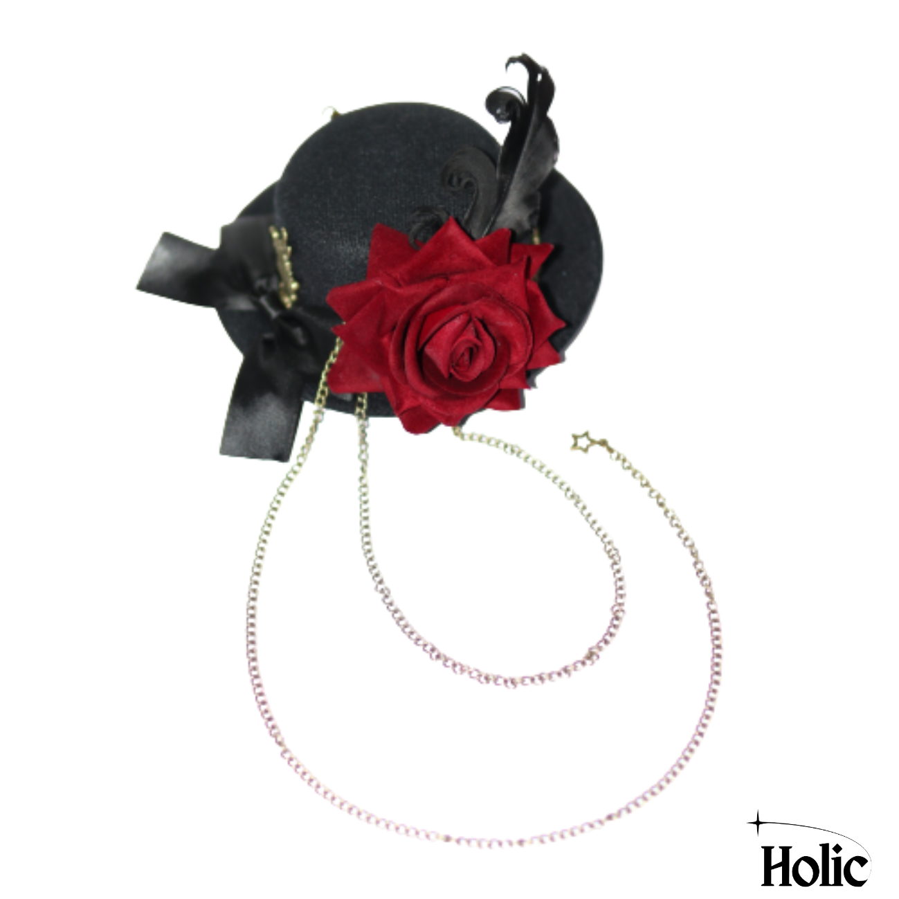 Gothic Lolita Hat with a Red Rose, Rabbit, Feather, and Chains