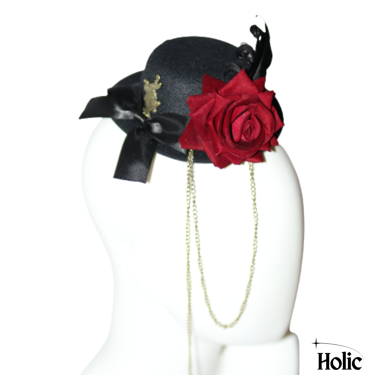 Gothic Lolita Hat with a Red Rose, Rabbit, Feather, and Chains – Holic  Accessories