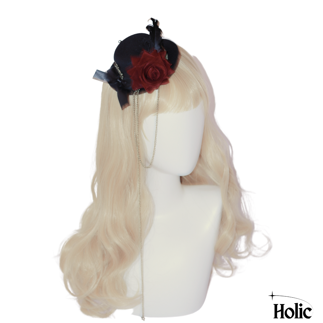 Gothic Lolita Hat with a Red Rose, Rabbit, Feather, and Chains