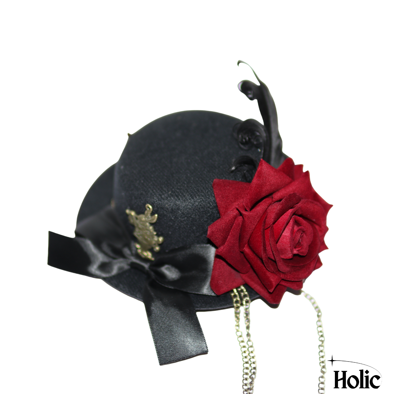 Gothic Lolita Hat with a Red Rose, Rabbit, Feather, and Chains