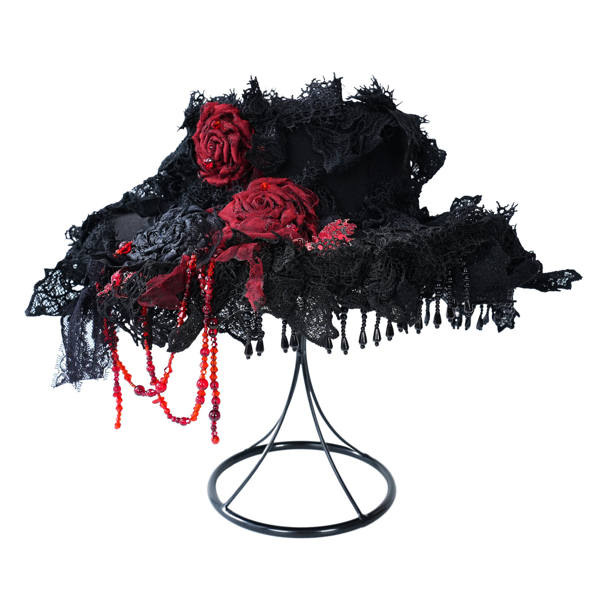 Holic Roses Gothic Lolita Handmade Black and Red Flat Hat with Roses, Beads Chains ...