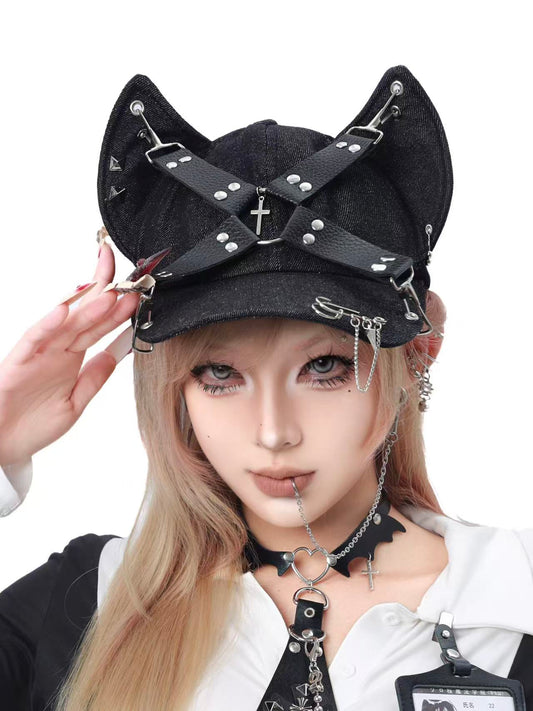 Black Ear Hat with Piercings