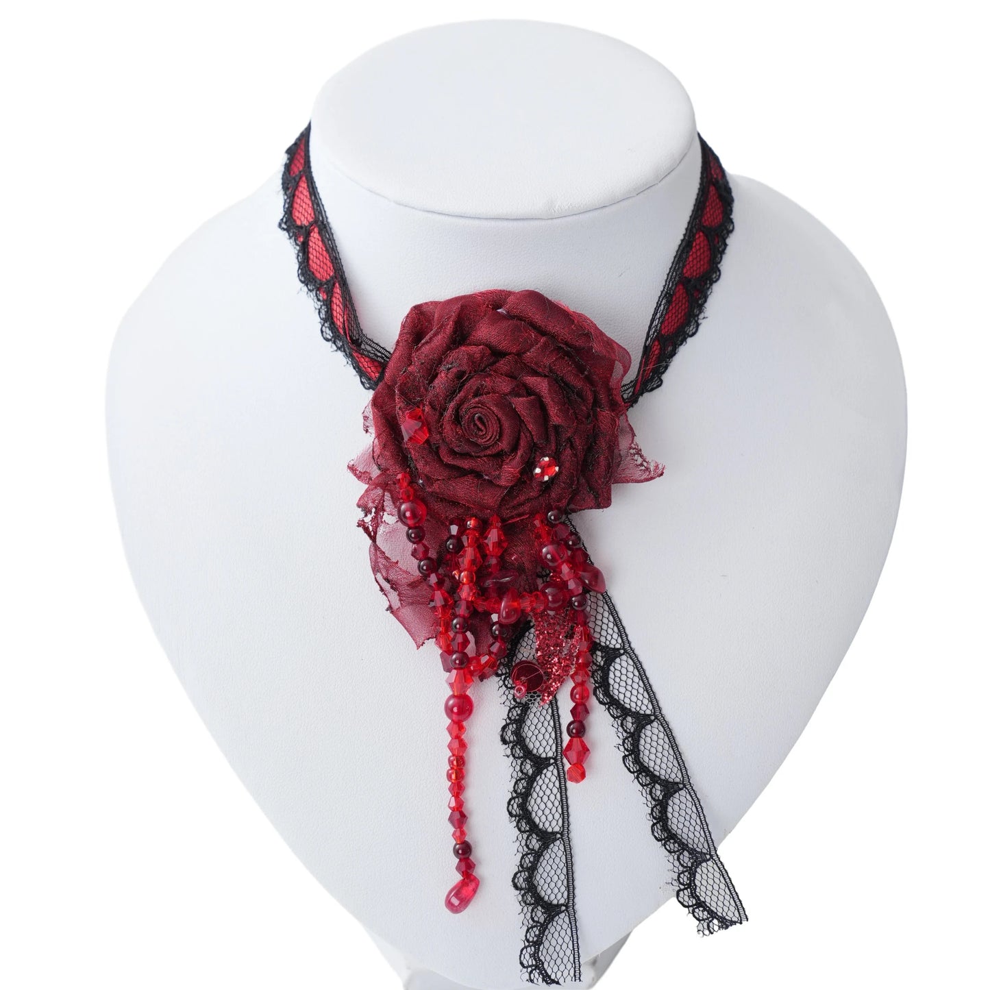 Handmade Choker Necklace with Rose, Bloody Red Beads and Black Lace