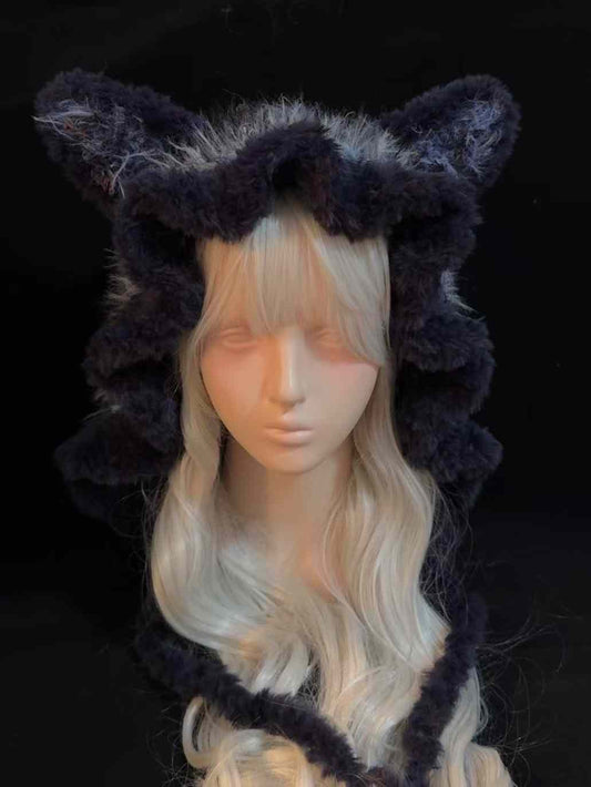 Black and Blue Handmade Crochet Hat with Ears