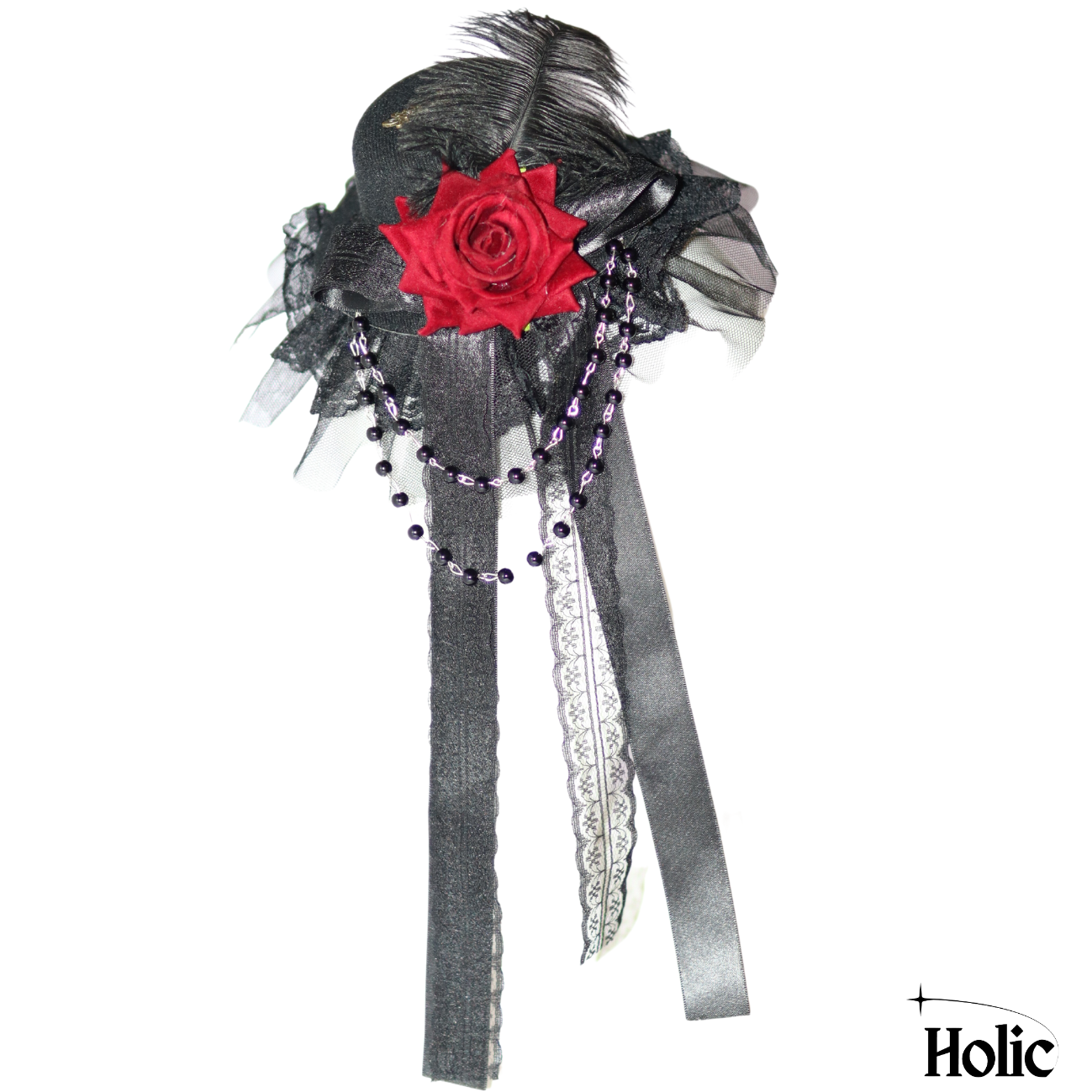 Black Hat with Red Rose, Feather and Chains