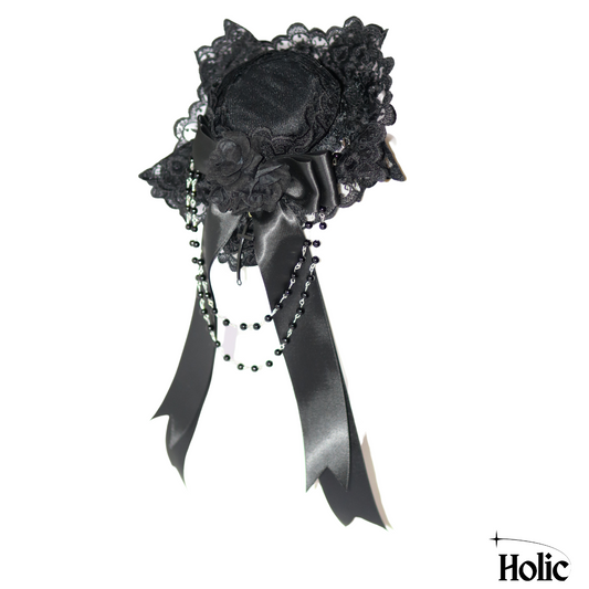 Gothic Lolita Black Hat with Flower, Bow, and Chains