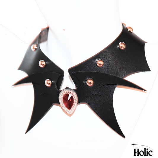 Gothic Punk Black Leather Choker Necklace with a Bat and a Red Gem