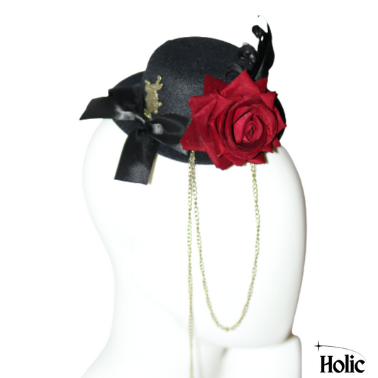 Gothic Lolita Hat with a Red Rose, Rabbit, Feather, and Chains